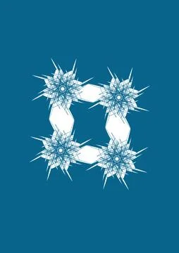 Symmetrical white frame with four blue spiky star mandalas on blue Stock Illustration