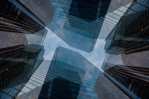 Symmetry and mirrored geometry pattern, reflected skyscrapers and modern 스톡 사진