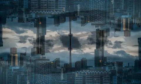 Symmetry and mirrored geometry pattern, reflected skyscrapers of Toronto and Foto stock