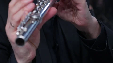 Symphony orchestra brass section. Close up hands of flute player Stock Footage 277831114