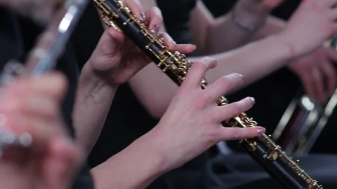 Symphony orchestra brass section. Close up hands of oboist playing.  Stock Footage 277831502
