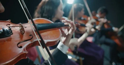 Symphony orchestra performance, close-up of stringed instruments at work Stock-Footage 85044780