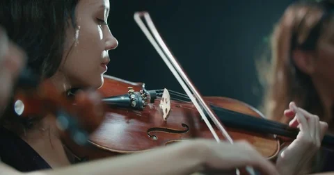 Symphony orchestra performance, close-up of stringed instruments at work Vídeos de archivo 85045247