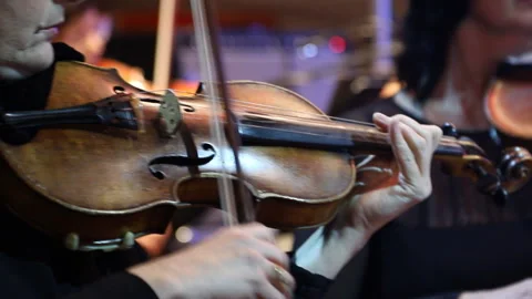 Symphony orchestra performance, close-up of stringed instruments at work Stock Footage 127100125