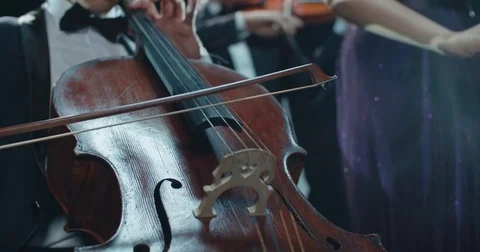 Symphony orchestra performance, stringed instrument cello detail shot Stock Footage 85045596