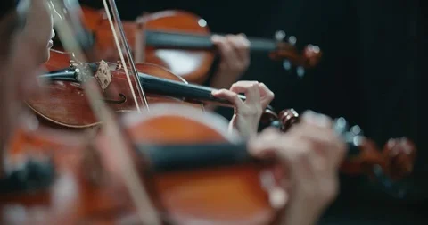 Symphony orchestra performance, stringed instruments detail shot Stock Footage 85045431