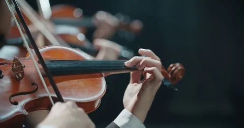 Symphony orchestra performance, stringed instruments detail shot Stock-Footage 85045507