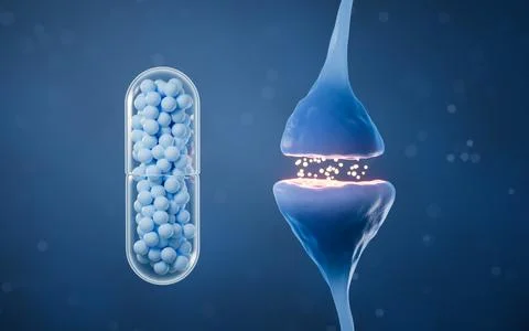 Synapse of neuron cell and capsule, 3d rendering. Stock Illustration