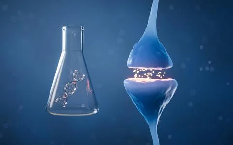 Synapse of neuron cell, biology concept, 3d rendering. Stock Illustration
