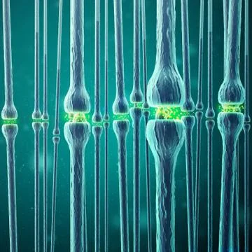 Synaptic transmission, human nervous system. 3d rendering Illustrazione stock