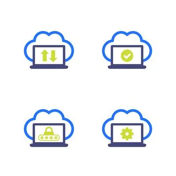 Sync with cloud, synchronization completed, protected data icons on white 库存插图