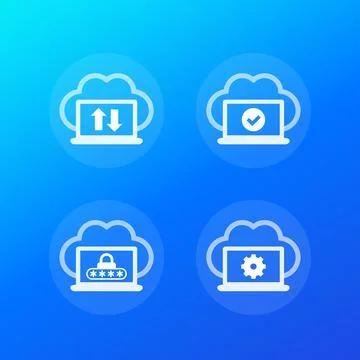 Sync with cloud, synchronization completed, protected data, vector icons Stock Illustration
