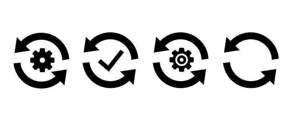Sync process icon set. Sync processing icons. Circle arrow with gear wheel. Stock Illustration