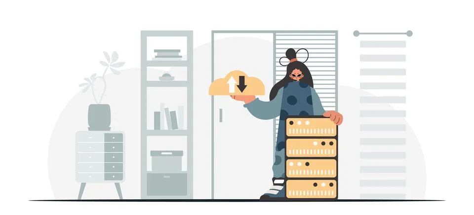 Synchronization and security of data capacity concept. The energized woman .. Stock Illustration