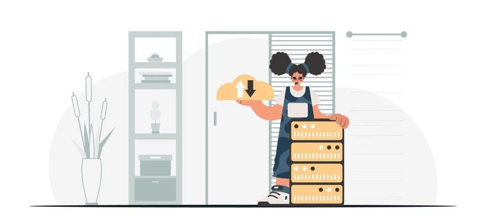 Synchronization and security of data capacity concept. The energized woman .. Illustrazione stock