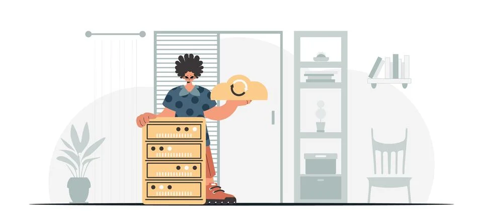 Synchronization and security of data capacity concept. The boy is holding a.. Stockillustratie