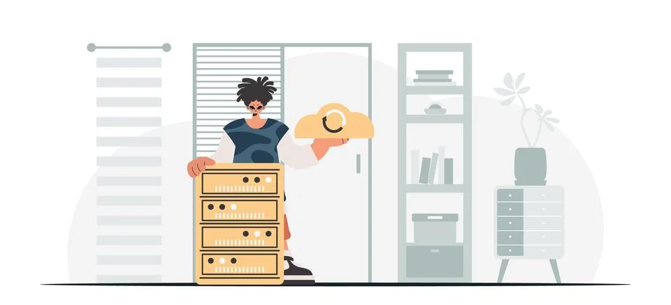 Synchronization and security of data capacity concept. The boy is holding a.. Illustrazione stock