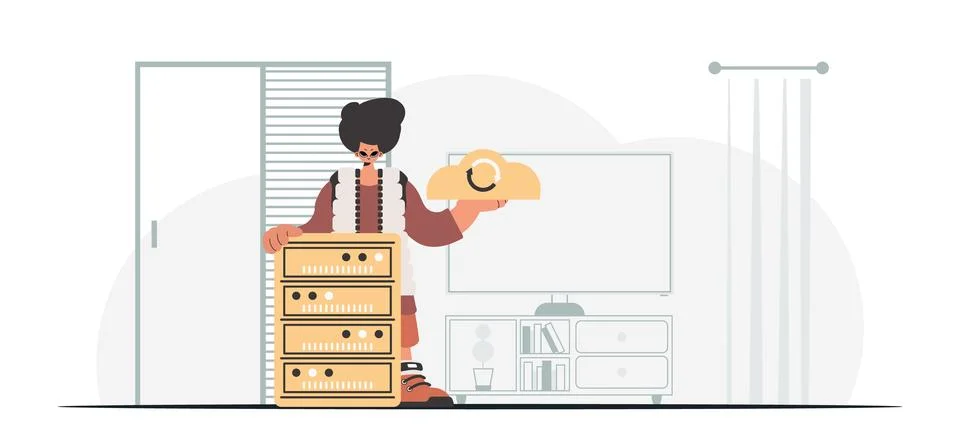 Synchronization and security of data capacity concept. The boy is holding a.. Illustrazione stock