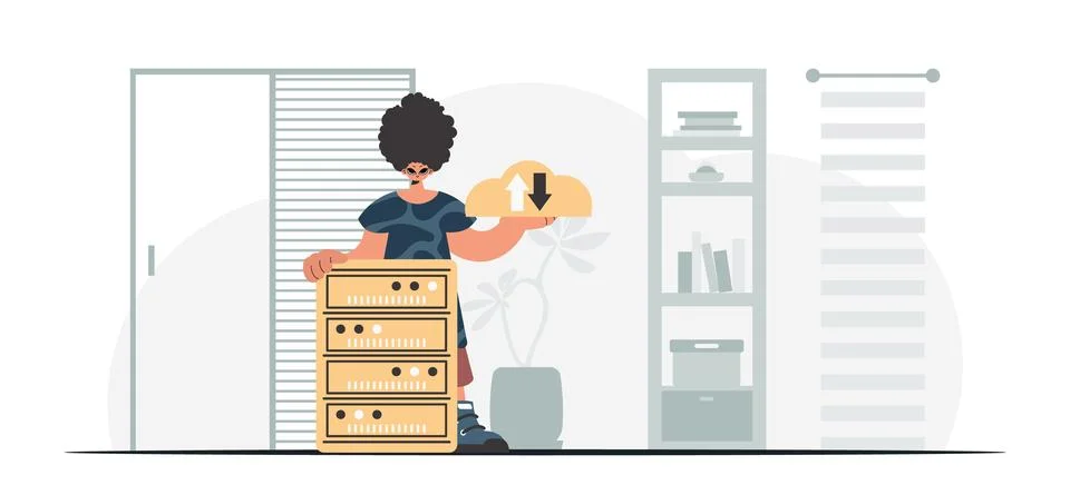 Synchronization and security of data capacity concept. The boy is holding a.. Illustrazione stock