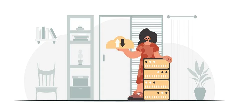 Synchronization and security of data capacity concept. The enthusiastic wom.. Illustrazione stock