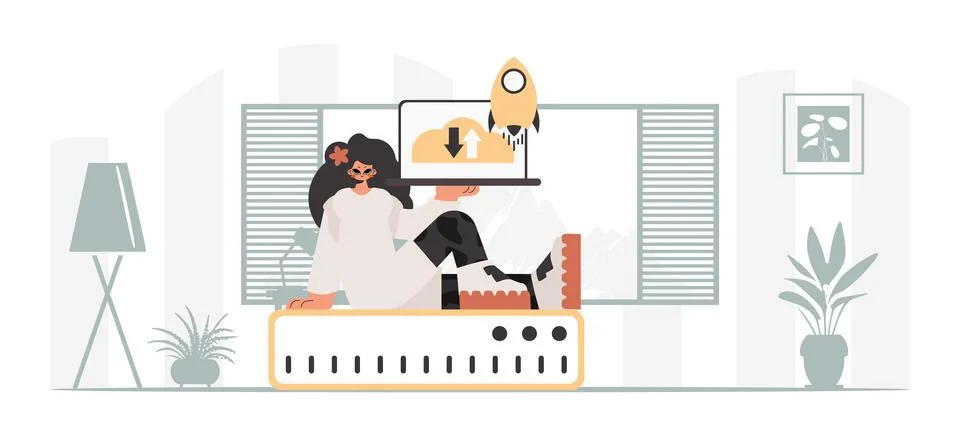 Synchronization and security of data capacity concept. The energized woman .. Illustrazione stock