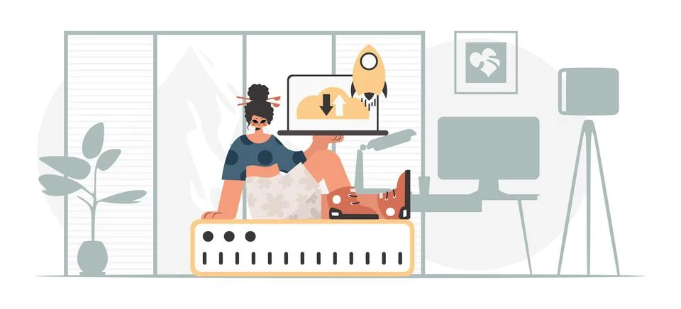 Synchronization and security of data capacity concept. The energized woman .. 스톡 일러스트