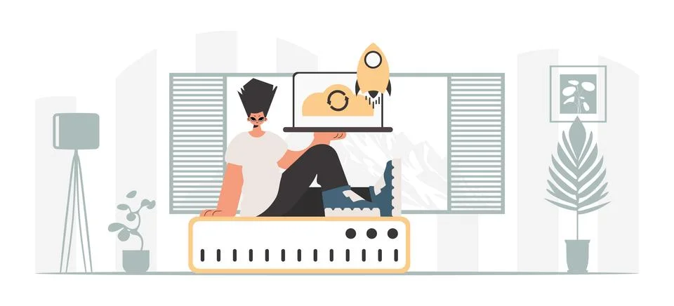 Synchronization and security of data capacity concept. The boy is holding a.. 스톡 일러스트