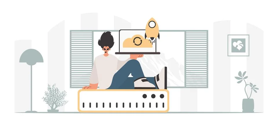 Synchronization and security of data capacity concept. The boy is holding a.. 스톡 일러스트