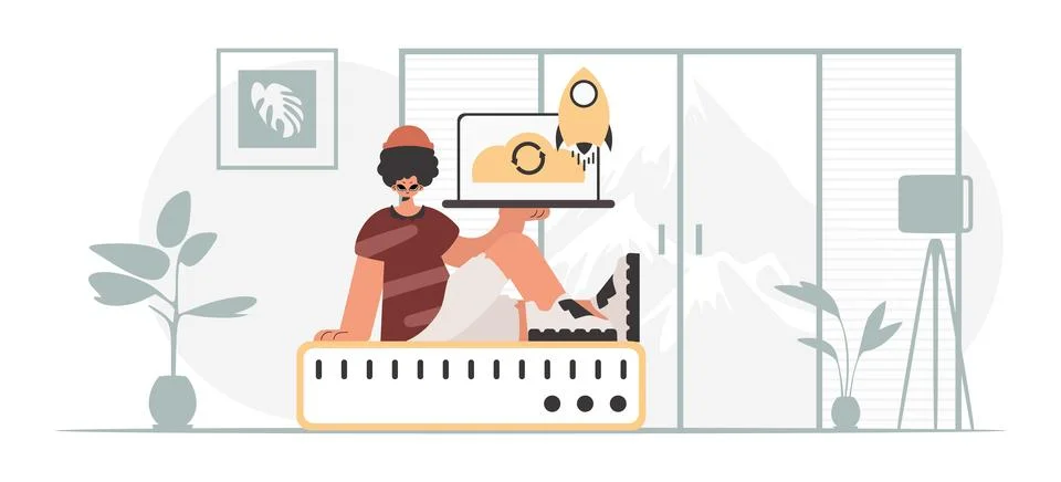 Synchronization and security of data capacity concept. The boy is holding a.. Stock Illustration