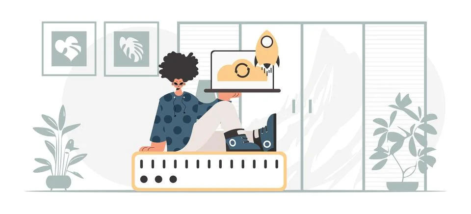 Synchronization and security of data capacity concept. The boy is holding a.. Illustrazione stock