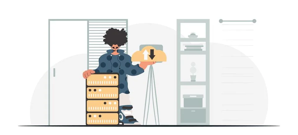 Synchronization and security of information capacity concept. The boy is ho.. Illustrazione stock