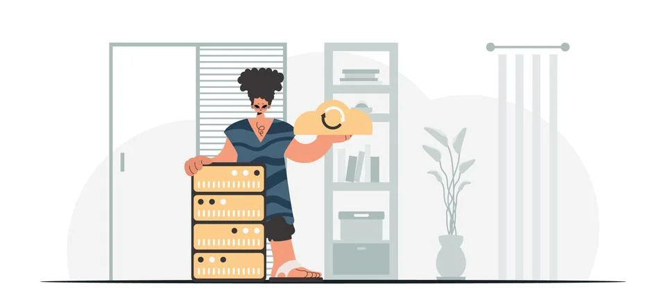 Synchronization and security of information capacity concept. The boy is ho.. Illustrazione stock