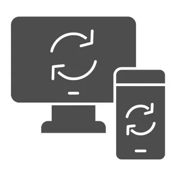 Synchronization between devices solid icon. Wifi connection with computer and 스톡 일러스트