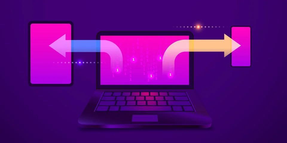 Synchronization of data between devices laptop, smartphone, tablet on an Illustrazione stock