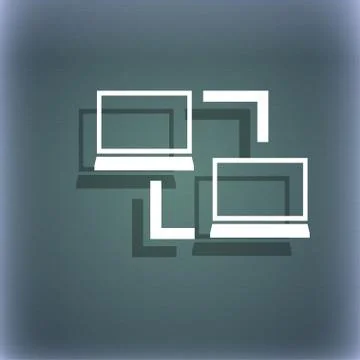 Synchronization sign icon. Notebooks sync symbol. Data exchange. On the blue-gre Stock Illustration