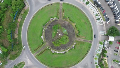 Synchronized Drone Perspective of Multiple Lush Green Urban Roundabouts Stock Footage 319608605