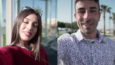 Synchronized editing of two side-by-side footage of a Young couple shooting t Stock-Footage 150941457
