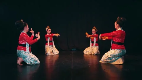 Synchronized Javanese Dance Performance by Four Women on Stage Stock Footage 263949383