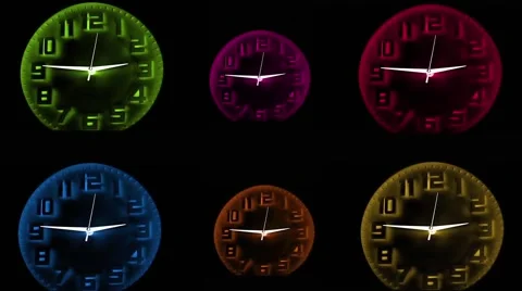 Synchronized Neon Colored Clocks Stock Footage 68897307