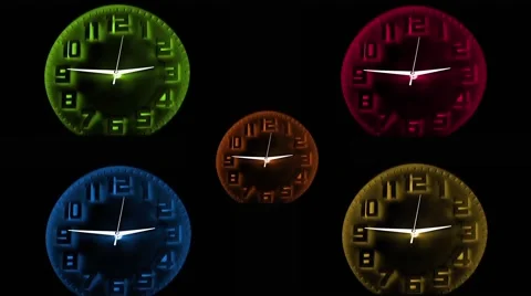 Synchronized Neon Colored Clocks Stock Footage 68897384