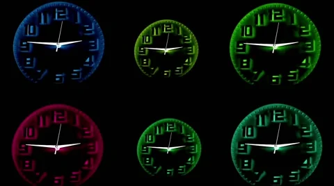 Synchronized Neon Colored Clocks Stock Footage 68897830
