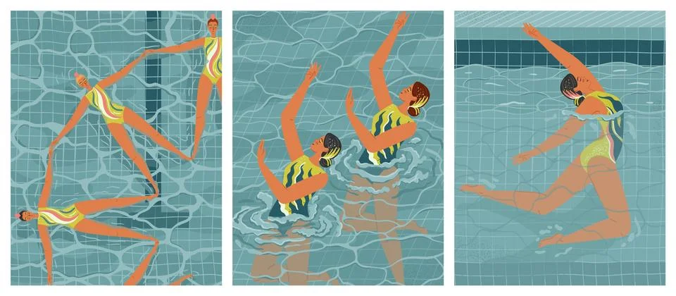Synchronized swimming vector posters set. Women synchro swimmers work as a team Stock-Illustration