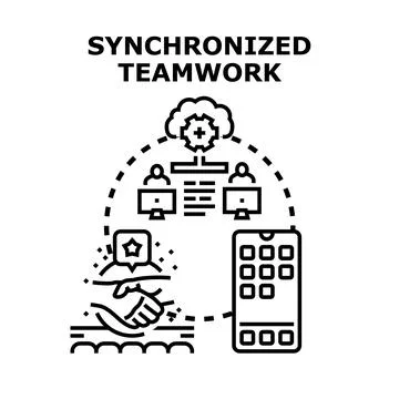 Synchronized team working collaborating on cloud platform Stock Illustration
