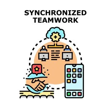 Synchronized team working collaborating on cloud platform Stock Illustration