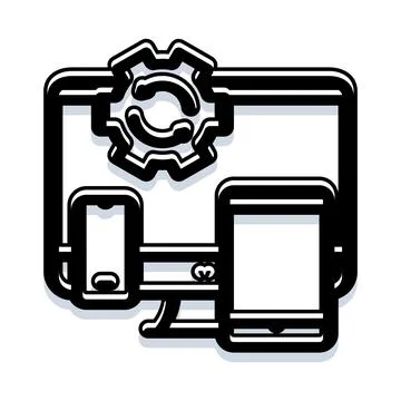 Syncing multiple digital devices with setup gear icon 스톡 일러스트