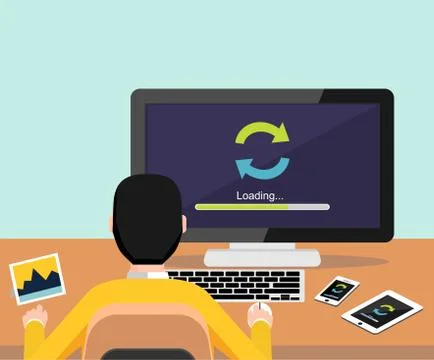 Syncing process on desktop screen concept. Person working on computer. Modern Stock Illustration