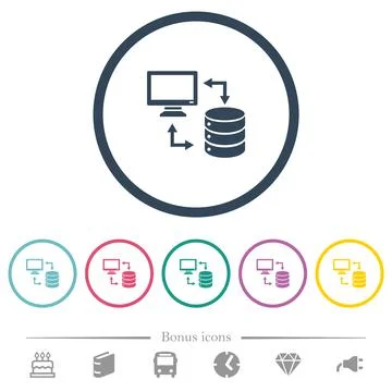 Syncronize data with database flat color icons in round outlines Stock Illustration