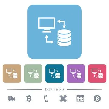 Syncronize data with database flat icons on color rounded square backgrounds Stock Illustration