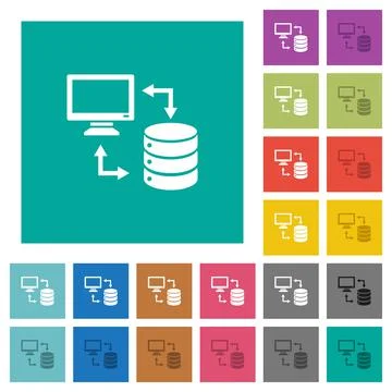 Syncronize data with database square flat multi colored icons Stock Illustration