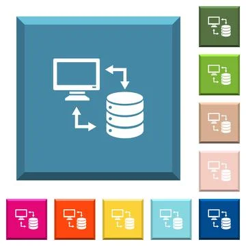 Syncronize data with database white icons on edged square buttons Stock Illustration